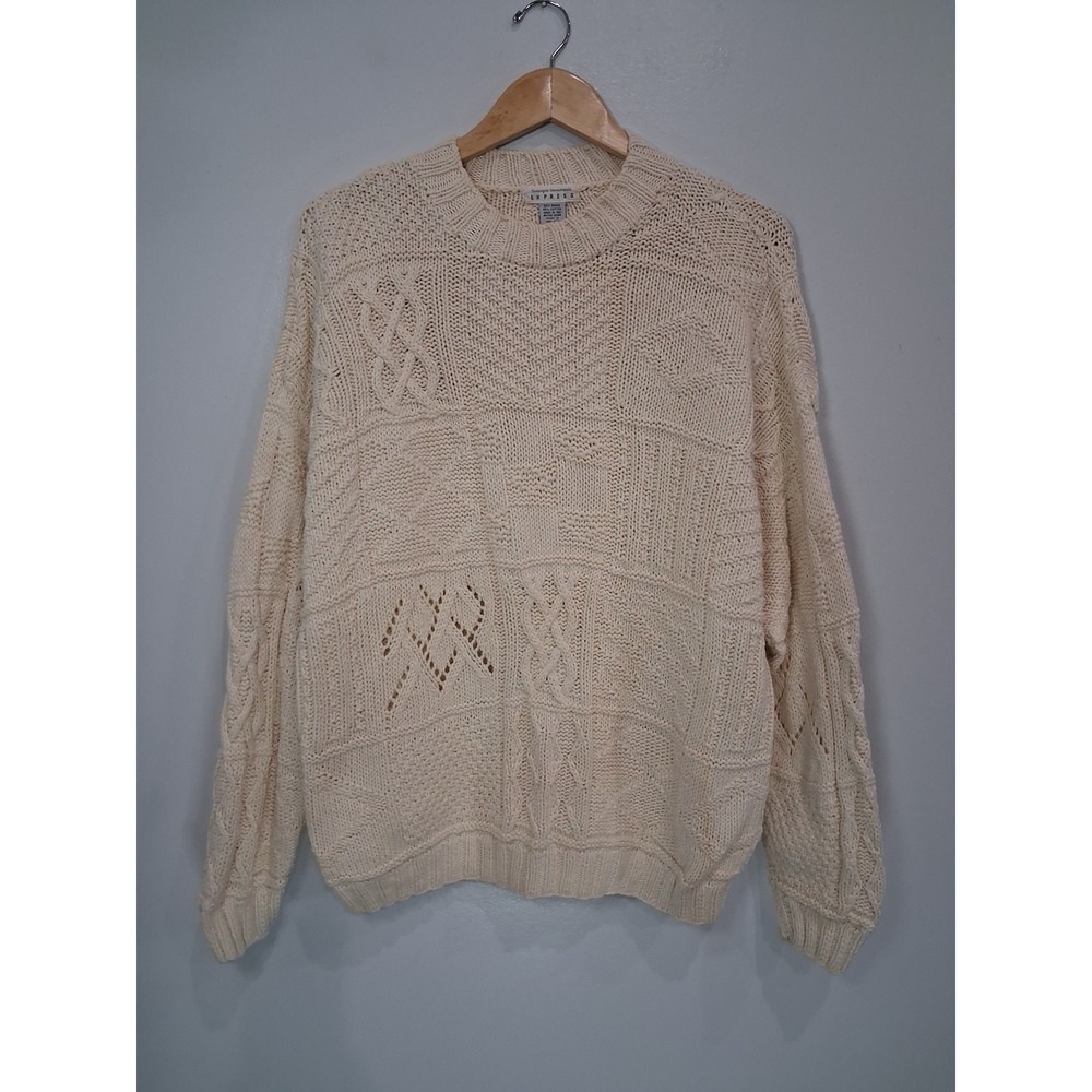 Vintage Express Patchwork Cable Knit Sweater Ivory Ramie Cotton Womens Large